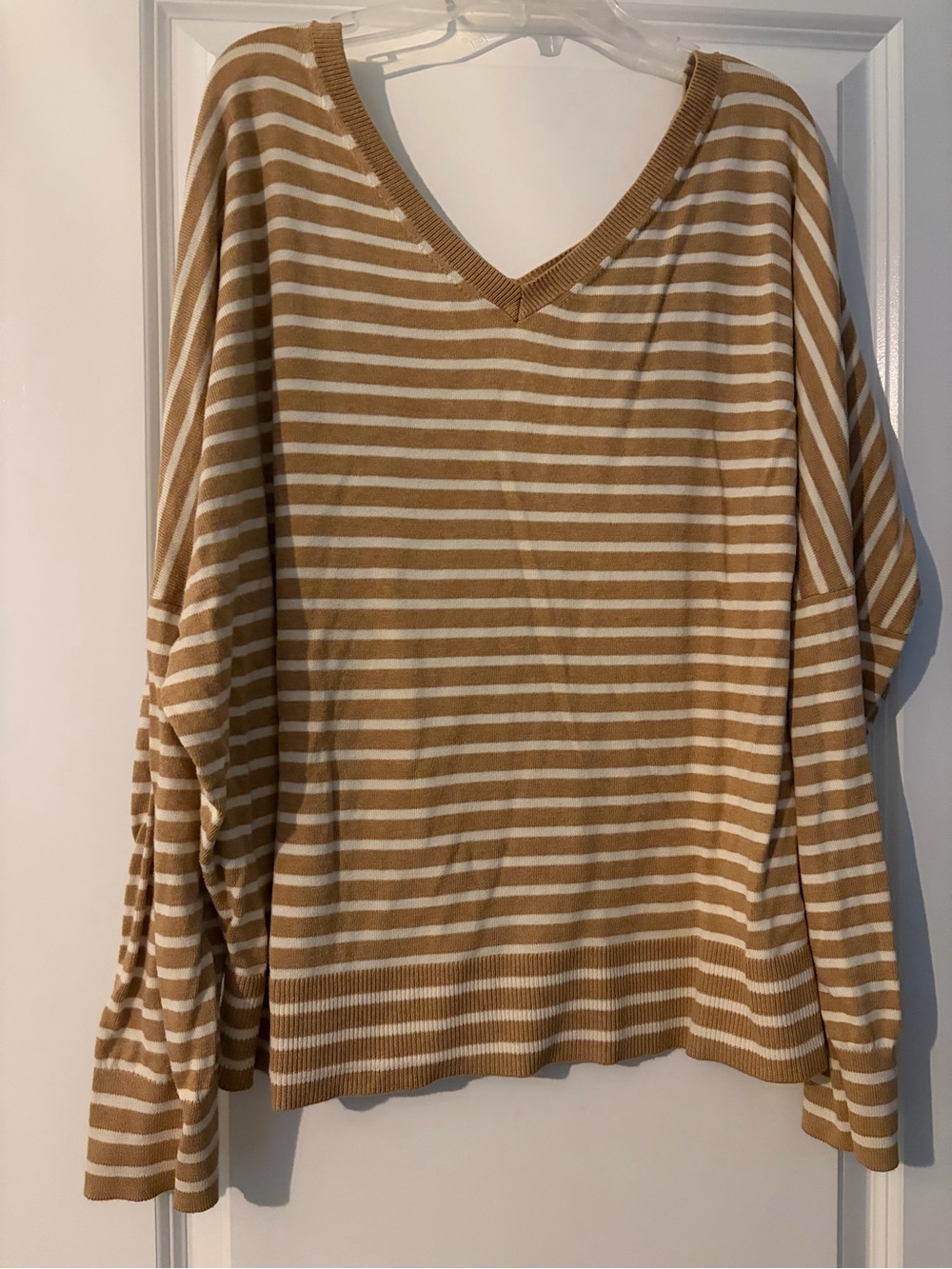 Banana Republic Tan & White Striped V-Neck Sweater